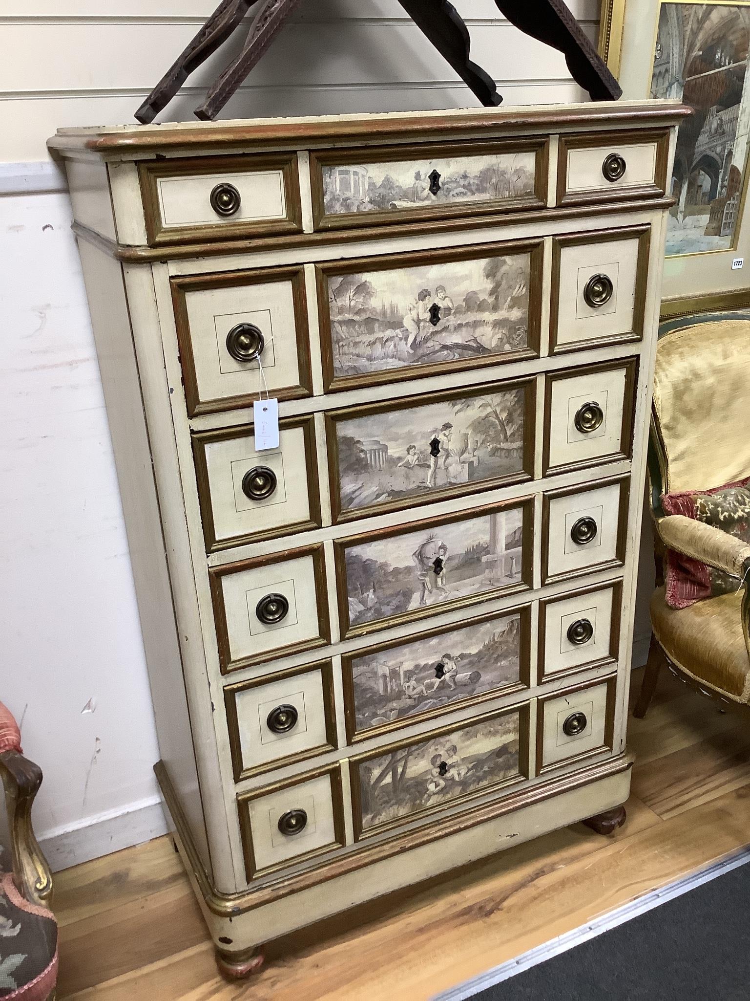 A mid 20th century Italian style painted six drawer chest decorated with cherub landscapes width 90cm, depth 45cm, height 140cm.